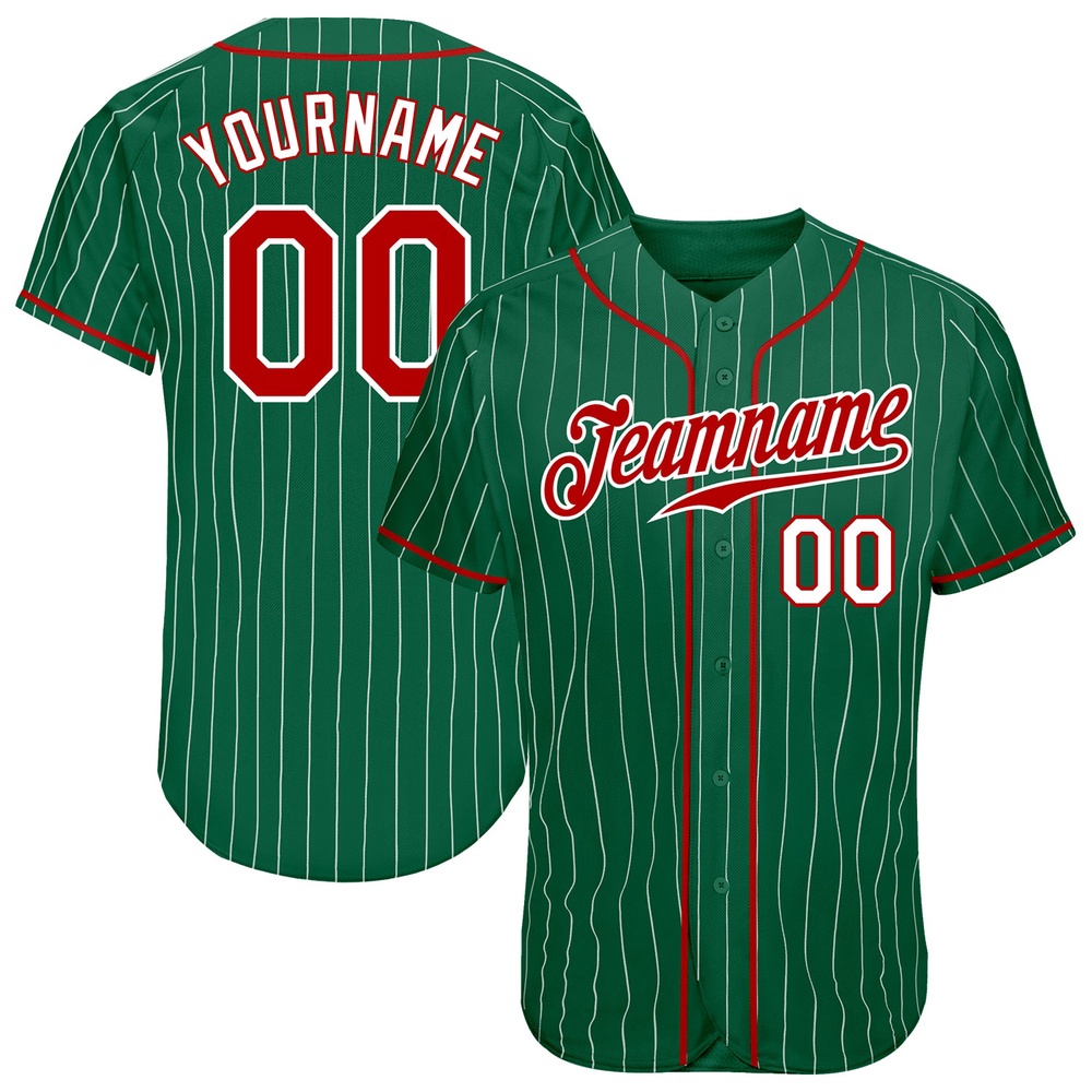 Kelly Green White Pinstripe Red-White Authentic Baseball Jersey, Custom Baseball Jersey, Personalized Sport Jersey