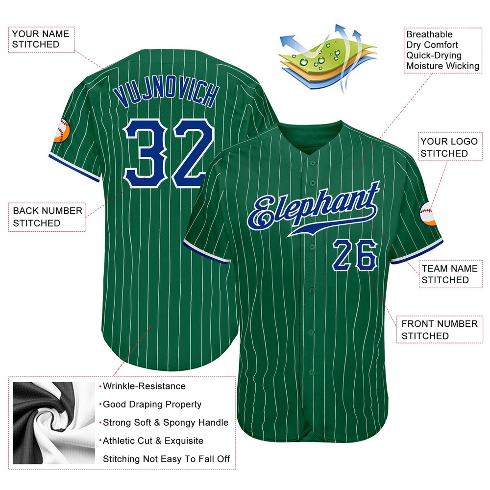 Kelly Green White Pinstripe Royal-White Authentic Baseball Jersey, Custom Baseball Jersey, Personalized Sport Jersey
