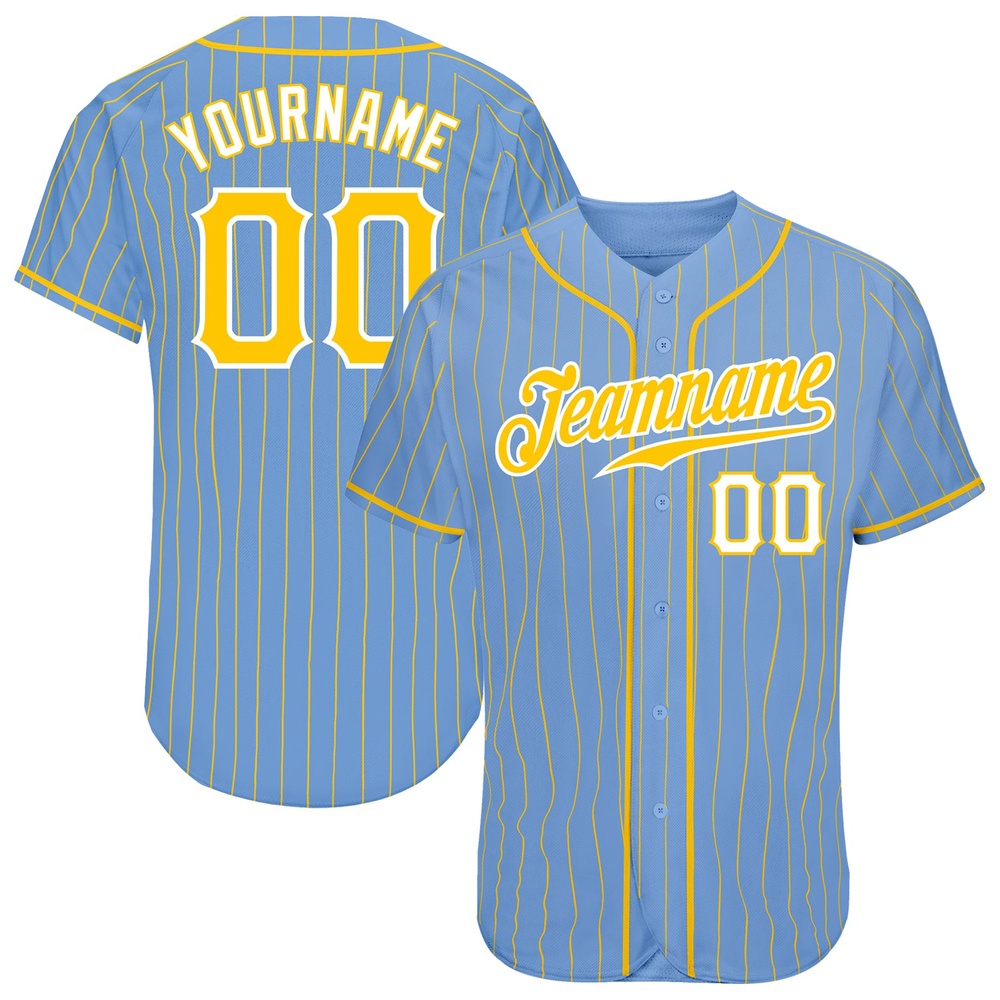 Light Blue Gold Pinstripe Gold-White Authentic Baseball Jersey, Custom Baseball Jersey, Personalized Sport Jersey
