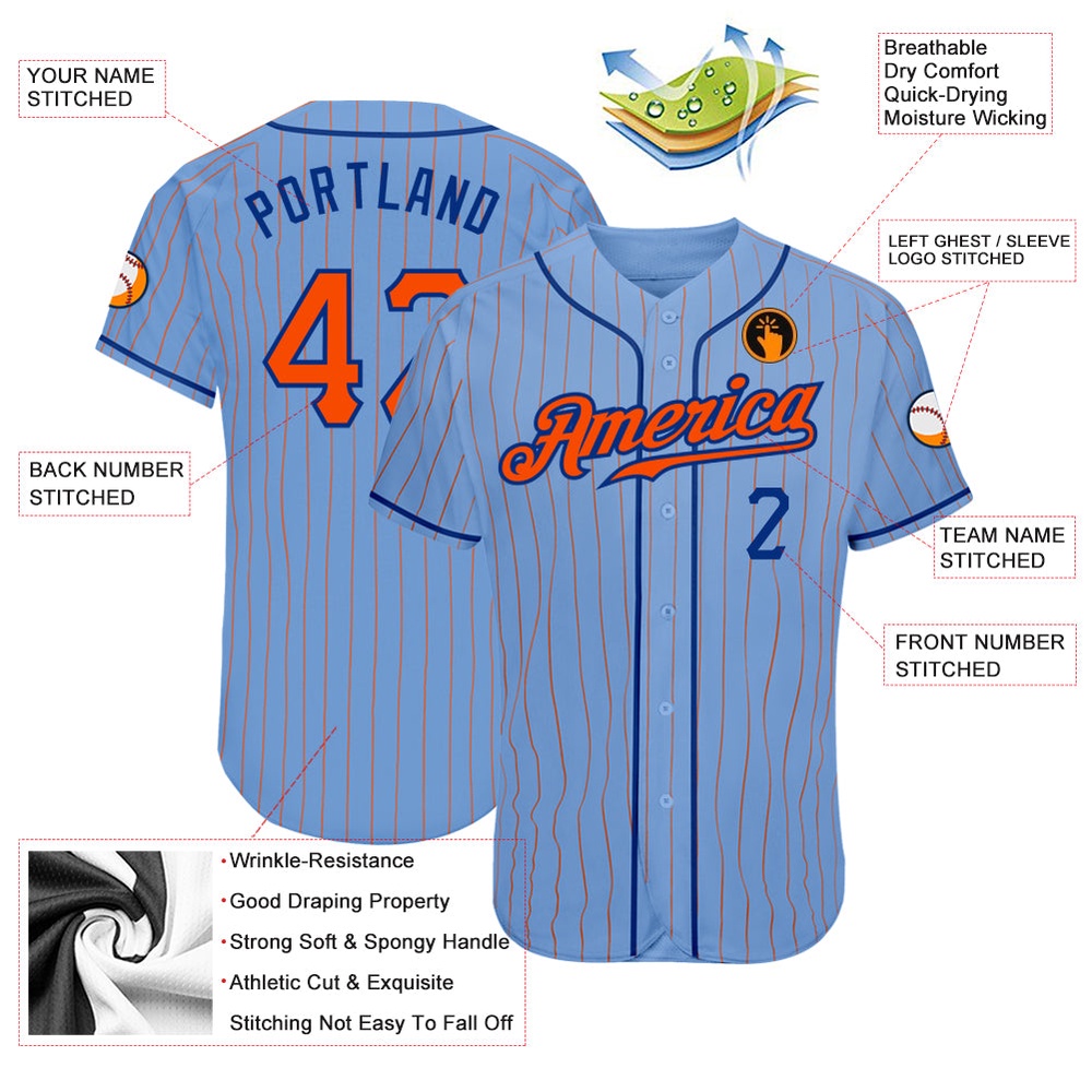 Light Blue Orange Pinstripe Orange-Royal Authentic Baseball Jersey, Custom Baseball Jersey, Personalized Sport Jersey