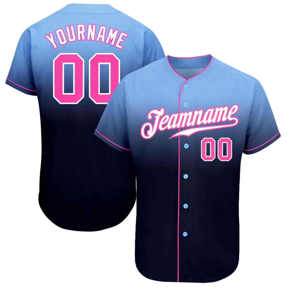 Light Blue Pink-Navy Authentic Fade Fashion Baseball Jersey, Custom Baseball Jersey, Personalized Sport Jersey