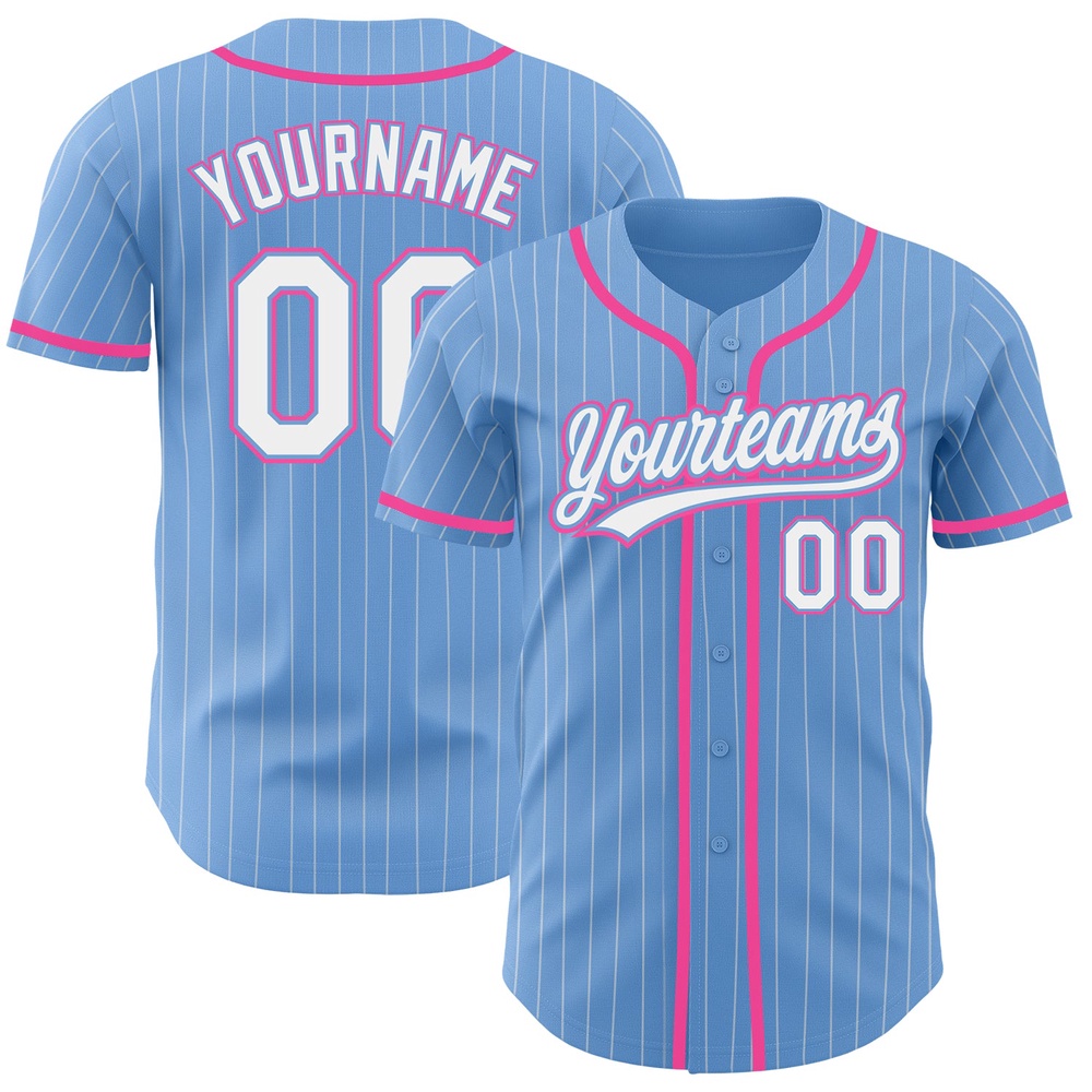 Light Blue White Pinstripe Pink Authentic Baseball Jersey, Custom Baseball Jersey, Personalized Sport Jersey