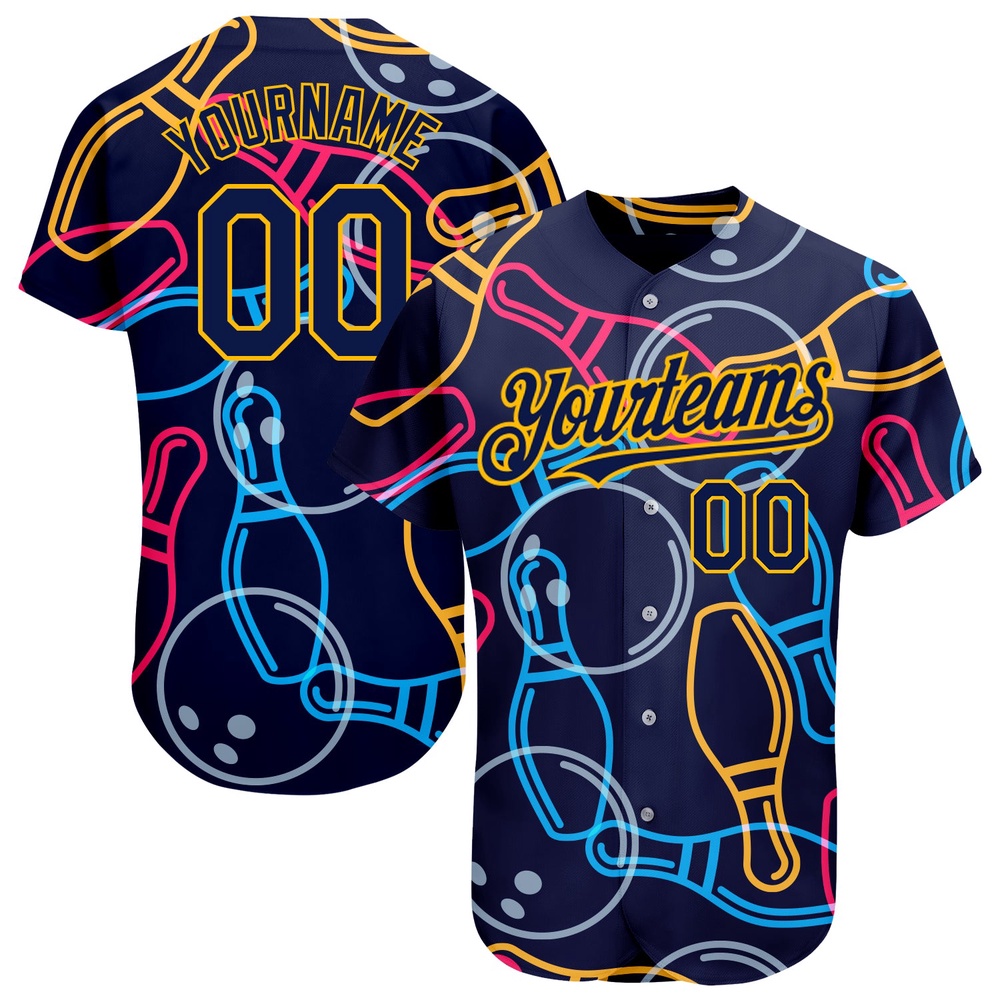 Navy Gold 3D Pattern Design Bowling Authentic Baseball Jersey, Custom Baseball Jersey, Personalized Sport Jersey