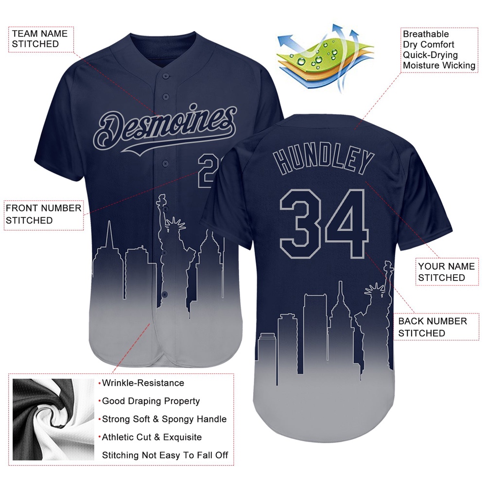 Navy Gray 3D New York City Edition Fade Fashion Authentic Baseball Jersey, Custom Baseball Jersey, Personalized Sport Jersey