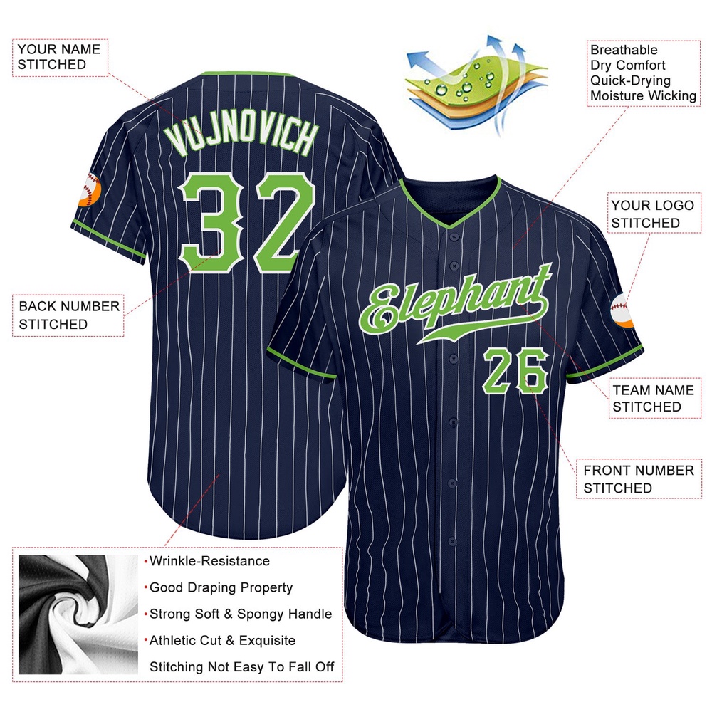 Navy White Pinstripe Neon Green-White Authentic Baseball Jersey, Custom Baseball Jersey, Personalized Sport Jersey