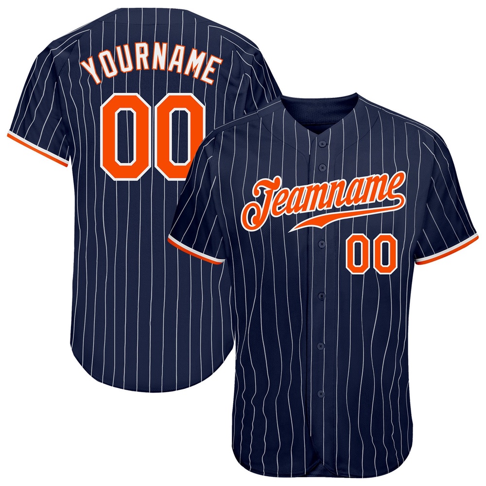 Navy White Pinstripe Orange-White Authentic Baseball Jersey, Custom Baseball Jersey, Personalized Sport Jersey