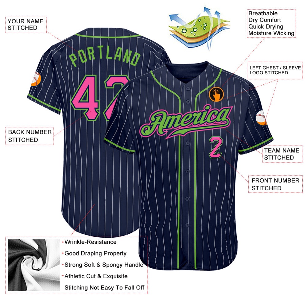 Navy White Pinstripe Pink-Neon Green Authentic Baseball Jersey, Custom Baseball Jersey, Personalized Sport Jersey