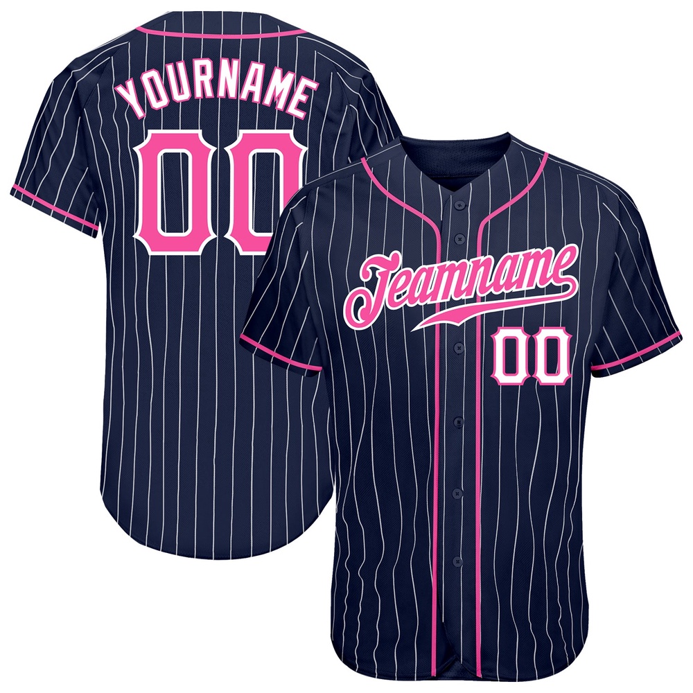 Navy White Pinstripe Pink-White Authentic Baseball Jersey, Custom Baseball Jersey, Personalized Sport Jersey