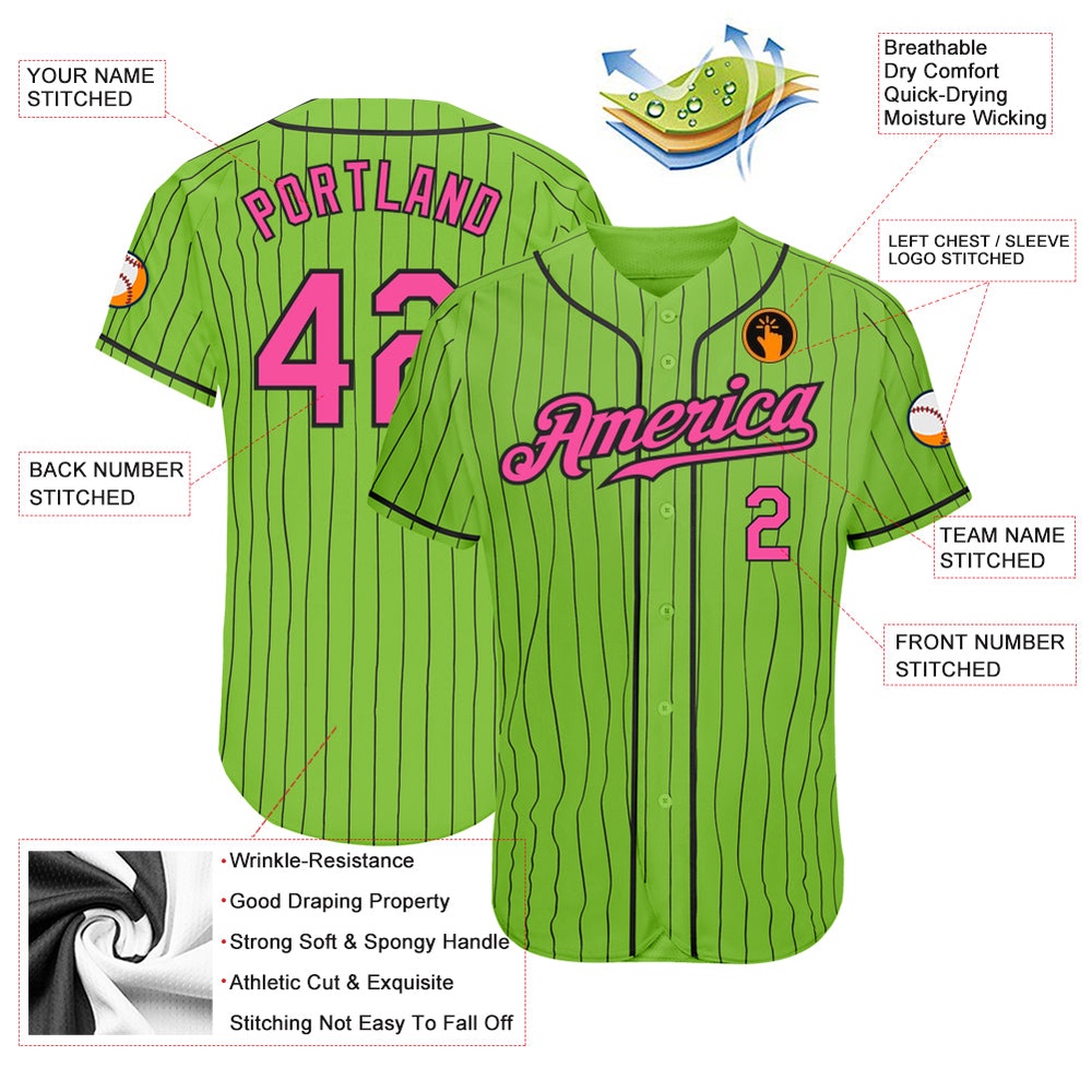 Neon Green Black Pinstripe Pink-Black Authentic Baseball Jersey, Custom Baseball Jersey, Personalized Sport Jersey