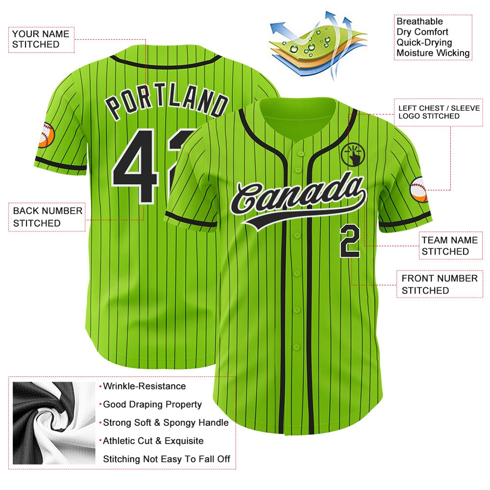 Neon Green Black Pinstripe White Authentic Baseball Jersey, Custom Baseball Jersey, Personalized Sport Jersey