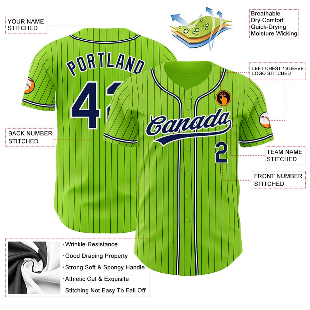 Neon Green Navy Pinstripe Navy-White Authentic Baseball Jersey, Custom Baseball Jersey, Personalized Sport Jersey