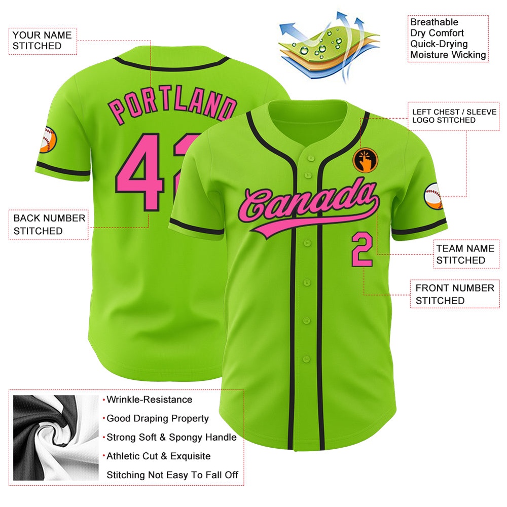 Neon Green Pink-Black Authentic Baseball Jersey, Custom Baseball Jersey, Personalized Sport Jersey