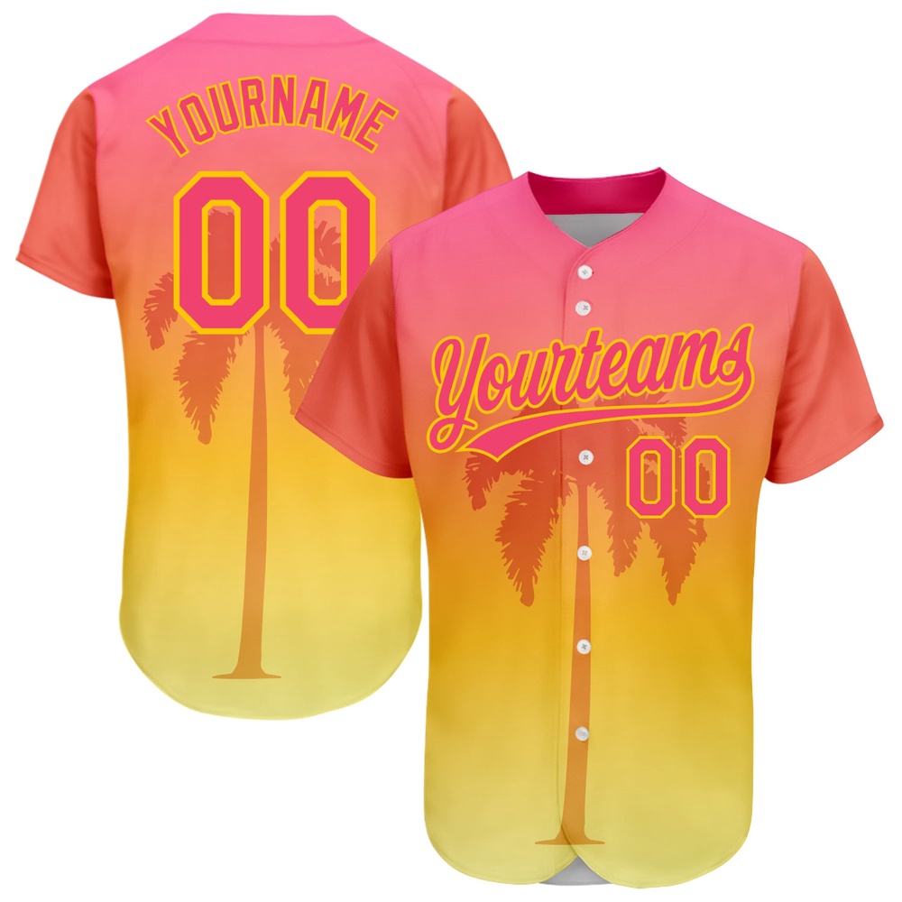 Neon Pink Yellow 3D Pattern Design Hawaii Palm Trees Authentic Baseball Jersey, Custom Baseball Jersey, Personalized Sport Jersey