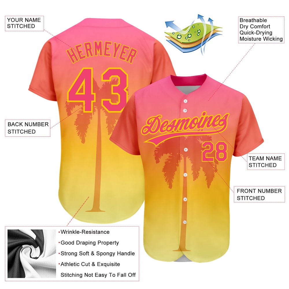 Neon Pink Yellow 3D Pattern Design Hawaii Palm Trees Authentic Baseball Jersey, Custom Baseball Jersey, Personalized Sport Jersey