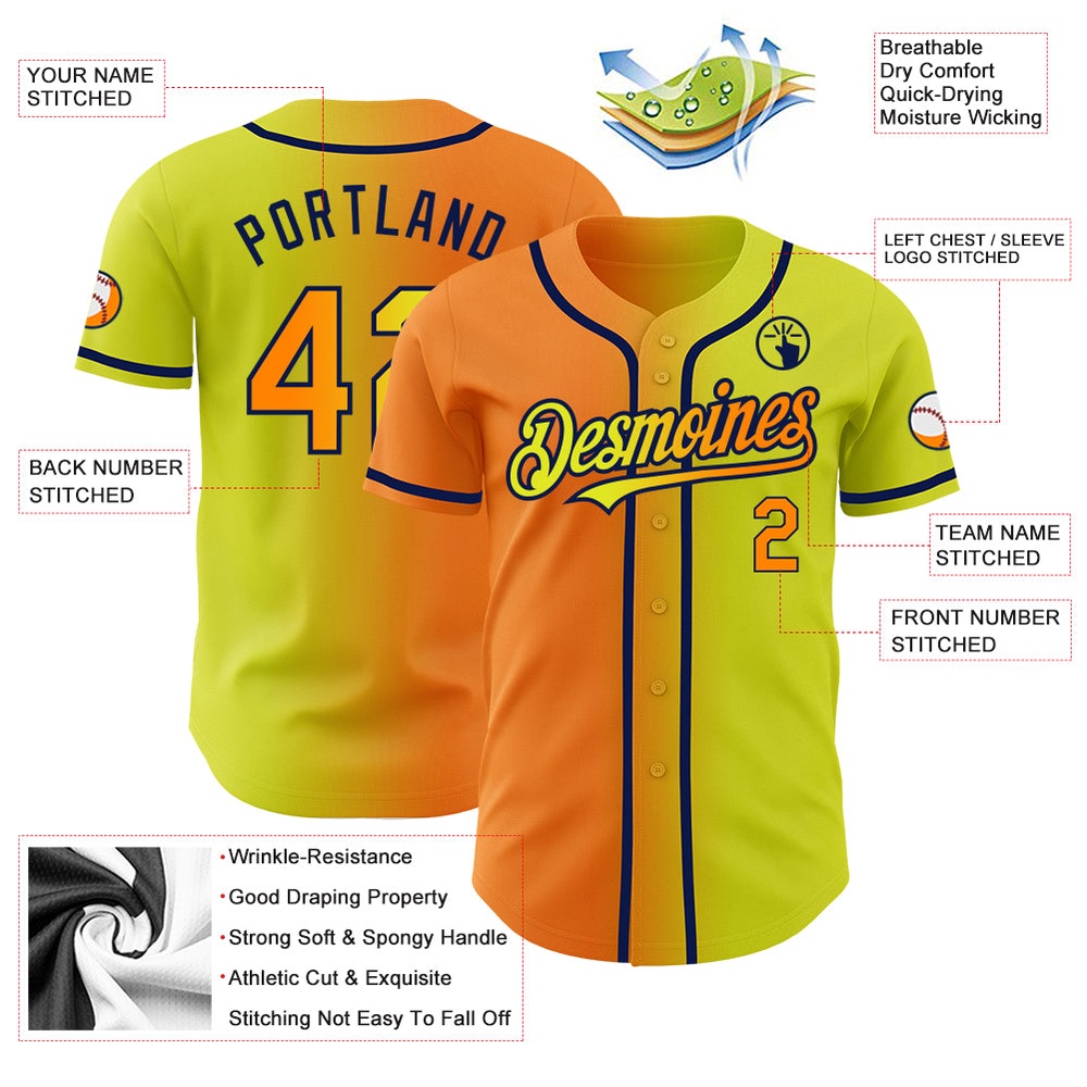 Neon Yellow Bay Orange-Navy Authentic Gradient Fashion Baseball Jersey, Custom Baseball Jersey, Personalized Sport Jersey