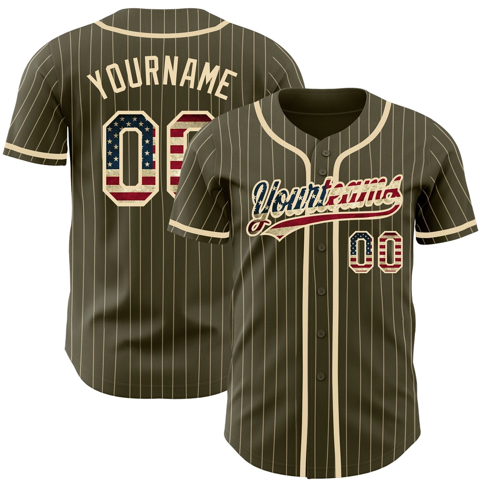 Olive City Cream Pinstripe Vintage USA Flag Authentic Salute To Service Baseball Jersey, Custom Baseball Jersey, Personalized Sport Jersey