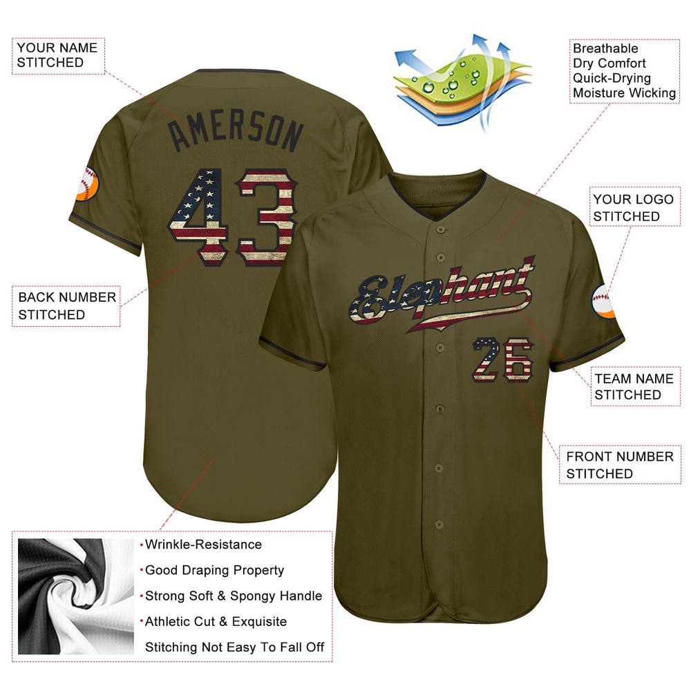 Olive Vintage USA Flag-Black Authentic Salute To Service Baseball Jersey, Custom Baseball Jersey, Personalized Sport Jersey