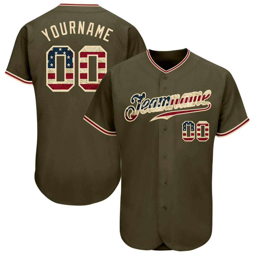 Olive Vintage USA Flag-City Cream Authentic Salute To Service Baseball Jersey, Custom Baseball Jersey, Personalized Sport Jersey