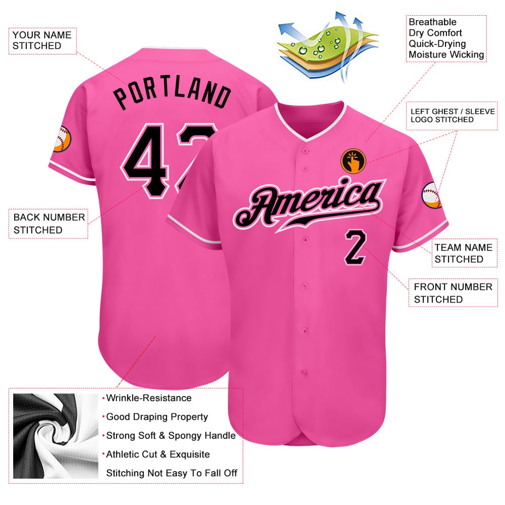 Pink Black-White Authentic Baseball Jersey, Custom Baseball Jersey, Personalized Sport Jersey