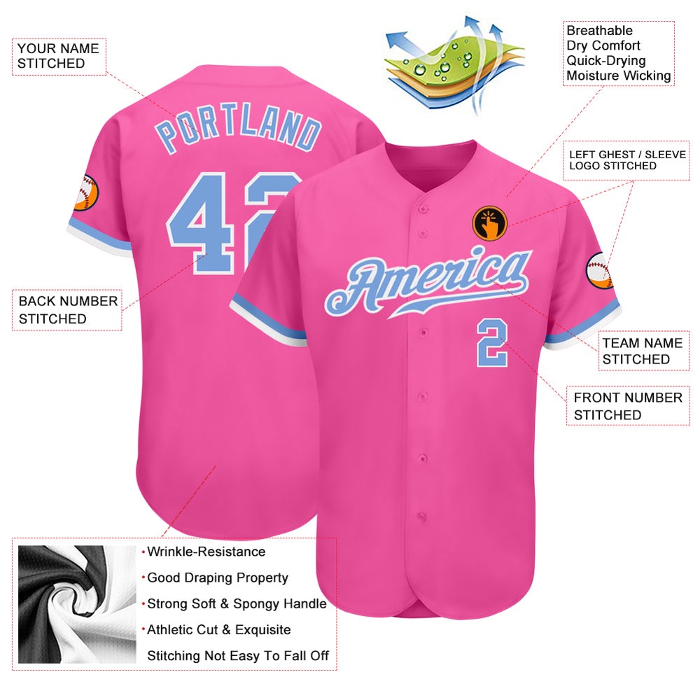 Pink Light Blue-White Authentic Baseball Jersey, Custom Baseball Jersey, Personalized Sport Jersey