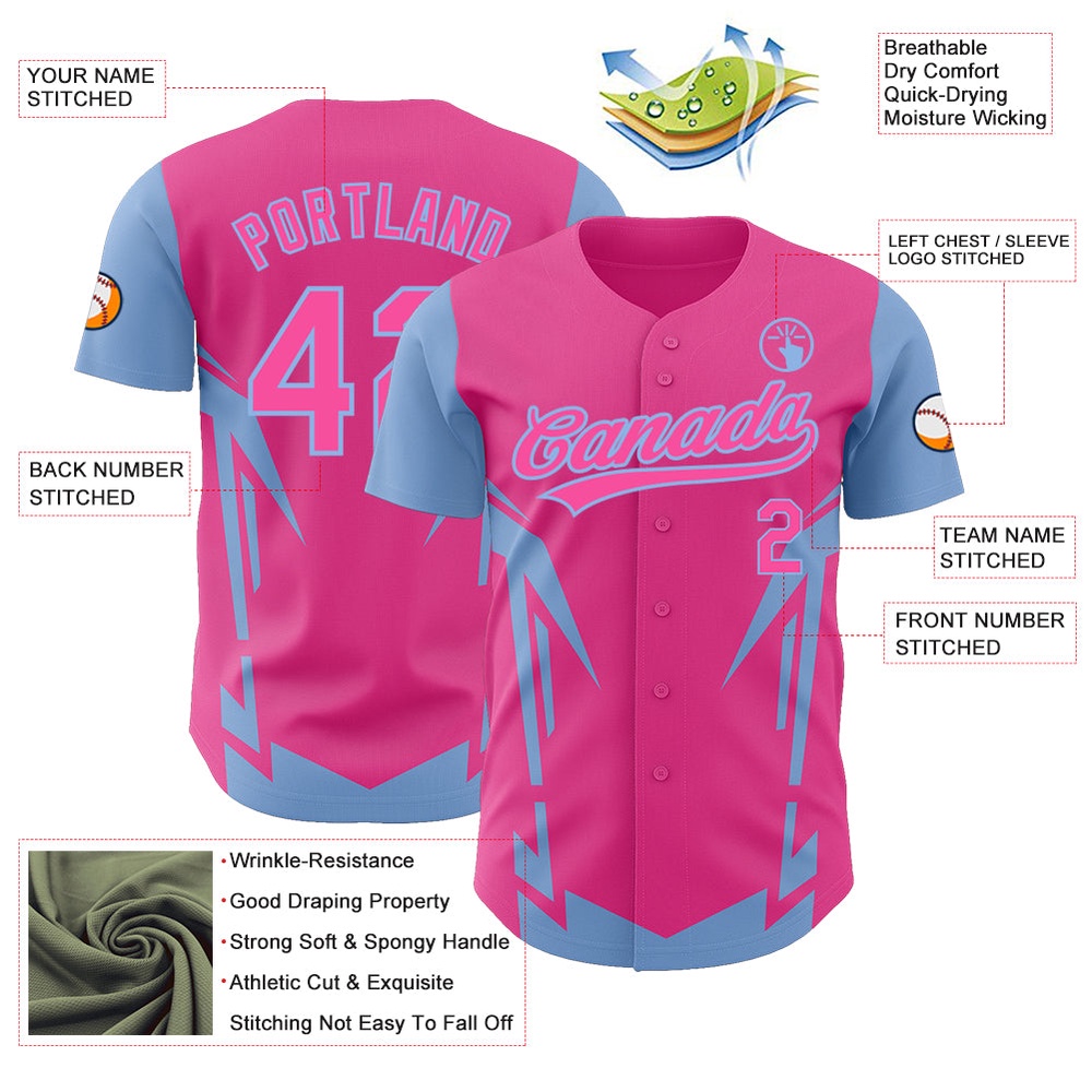 Pink Light Blue 3D Pattern Design Side Sharp Edges Authentic Baseball Jersey, Custom Baseball Jersey, Personalized Sport Jersey
