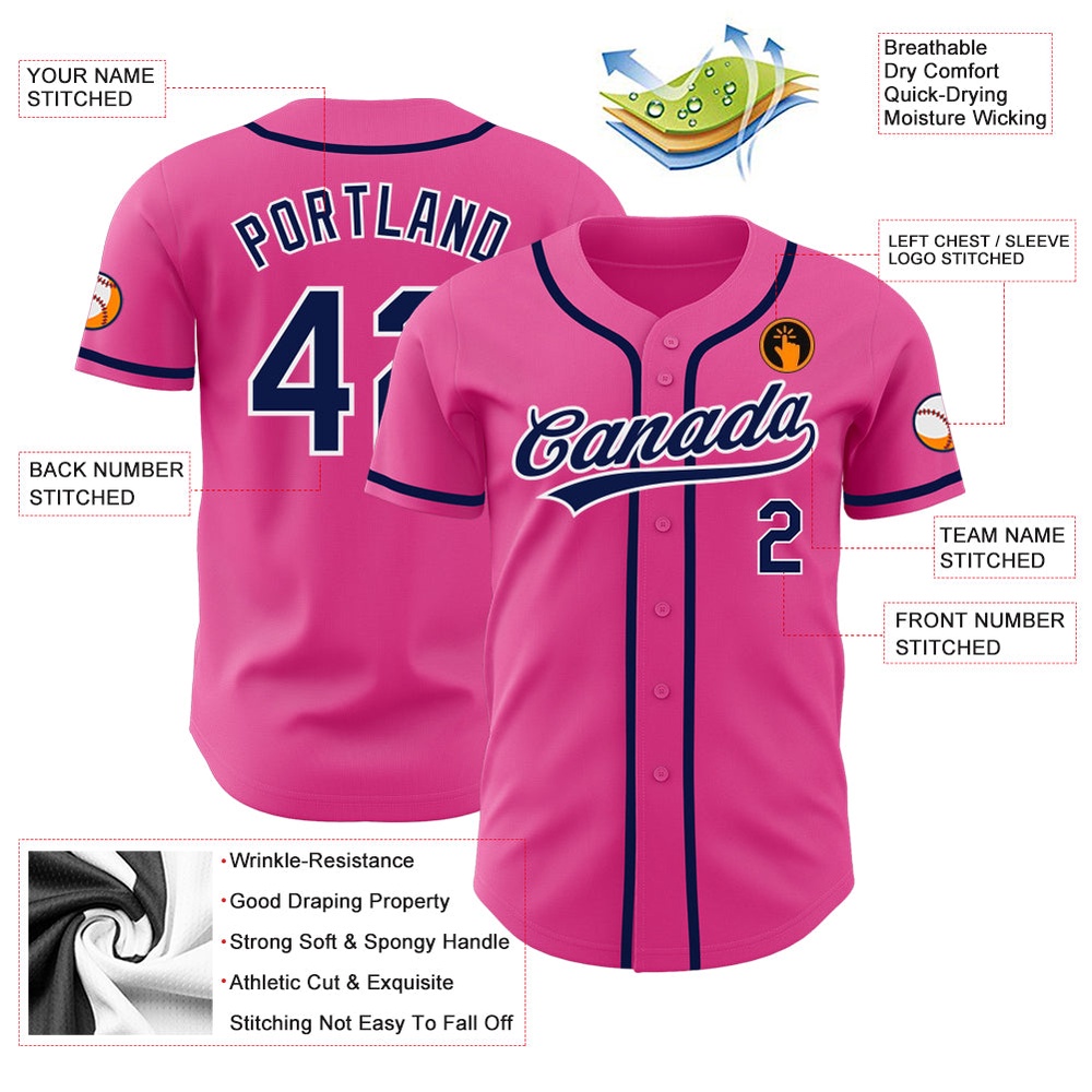 Pink Navy-White Authentic Baseball Jersey, Custom Baseball Jersey, Personalized Sport Jersey