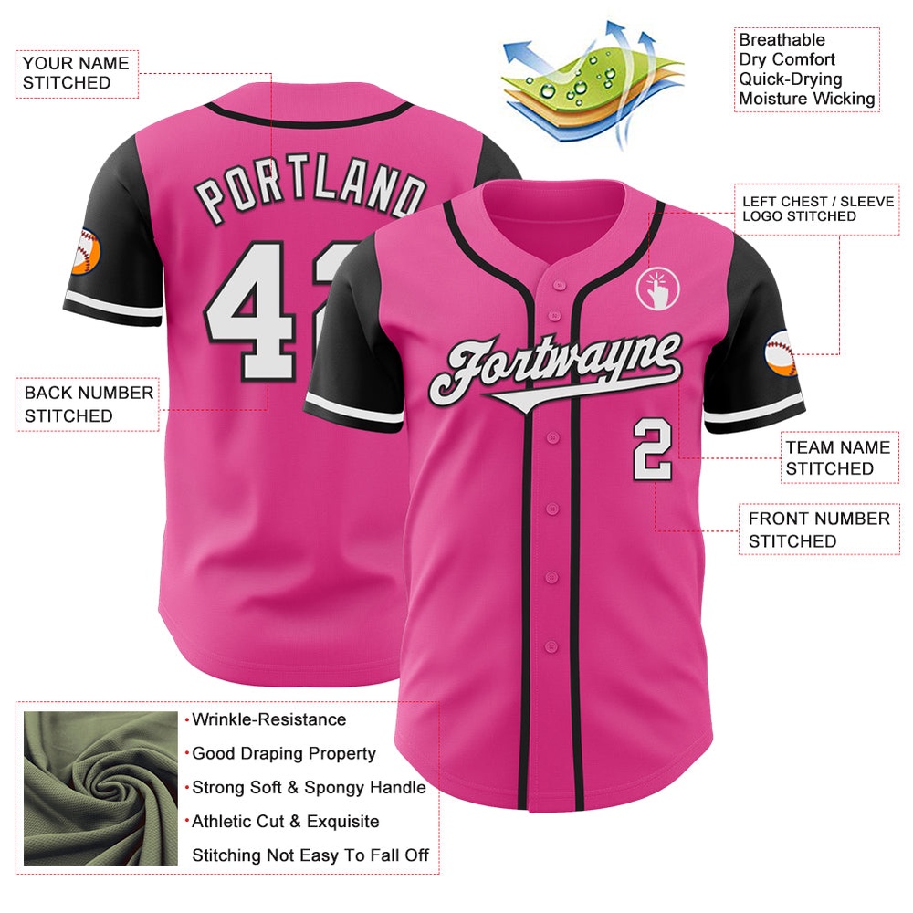Pink White-Black Authentic Two Tone Baseball Jersey, Custom Baseball Jersey, Personalized Sport Jersey Pink White-Black Authentic Two Tone Baseball Jersey, Custom Baseball Jersey, Personalized Sport Jersey