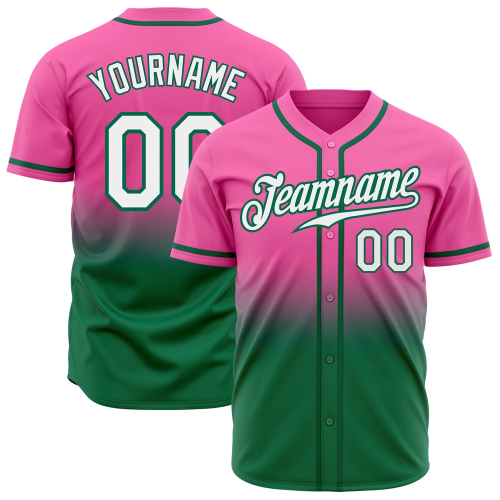 Pink White-Kelly Green Authentic Fade Fashion Baseball Jersey, Custom Baseball Jersey, Personalized Sport Jersey