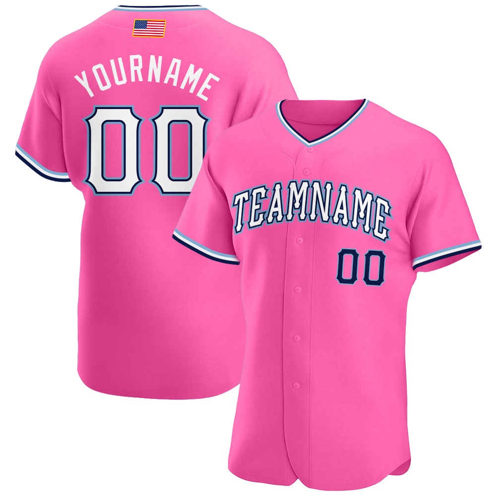 Pink White-Light Blue Authentic American Flag Fashion Baseball Jersey, Custom Baseball Jersey, Personalized Sport Jersey Pink White-Light Blue Authentic American Flag Fashion Baseball Jersey, Custom Baseball Jersey, Personalized Sport Jersey