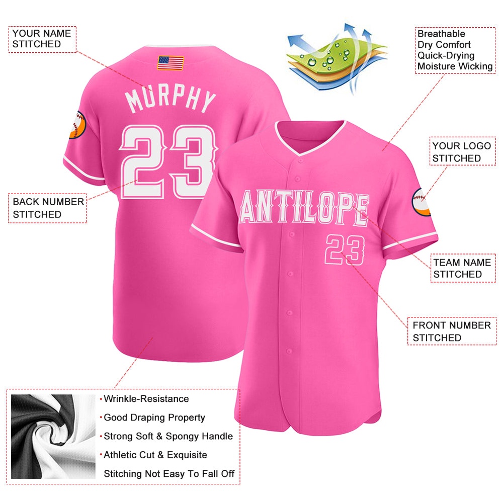 Pink White Authentic American Flag Fashion Baseball Jersey, Custom Baseball Jersey, Personalized Sport Jersey