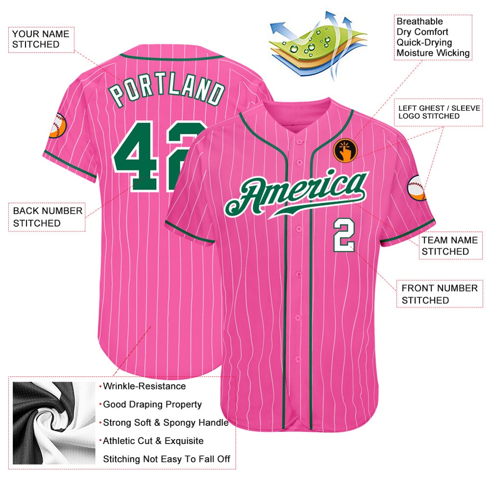 Pink White Pinstripe Kelly Green-White Authentic Baseball Jersey, Custom Baseball Jersey, Personalized Sport Jersey