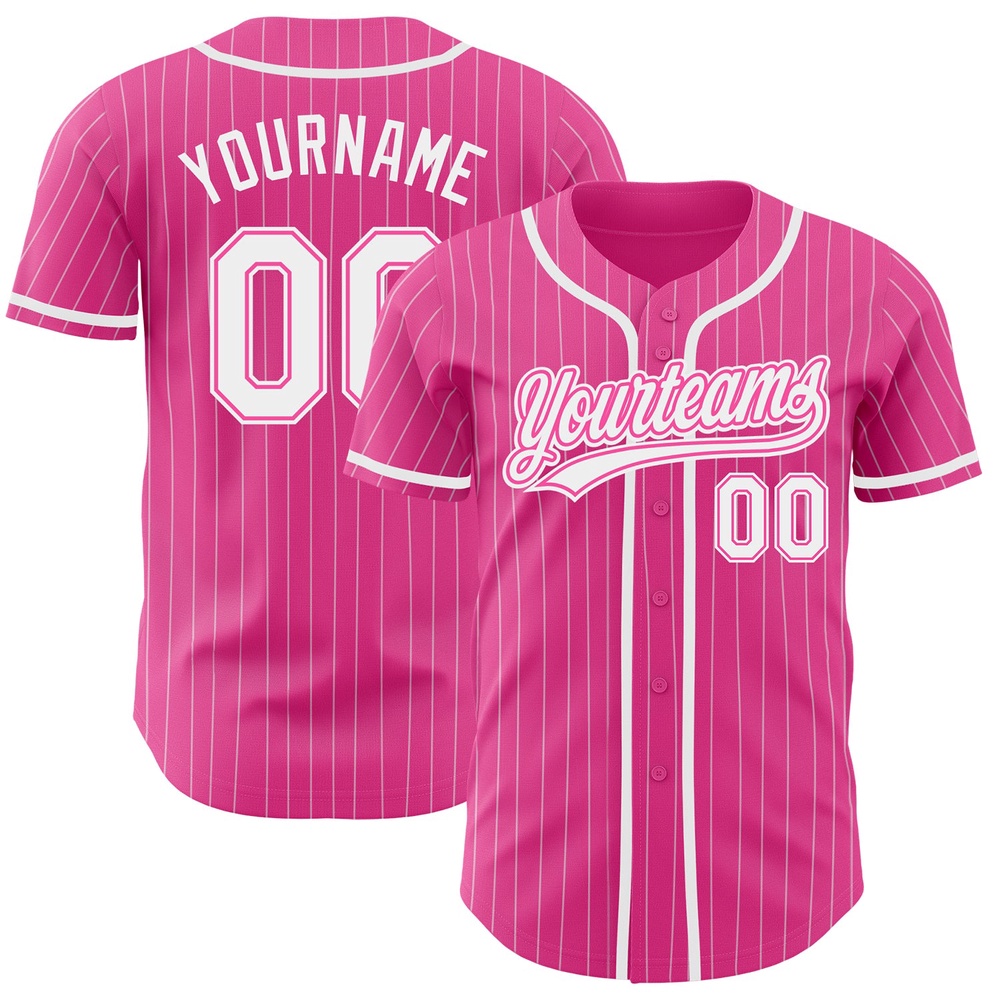 Pink White Pinstripe White Authentic Baseball Jersey, Custom Baseball Jersey, Personalized Sport Jersey