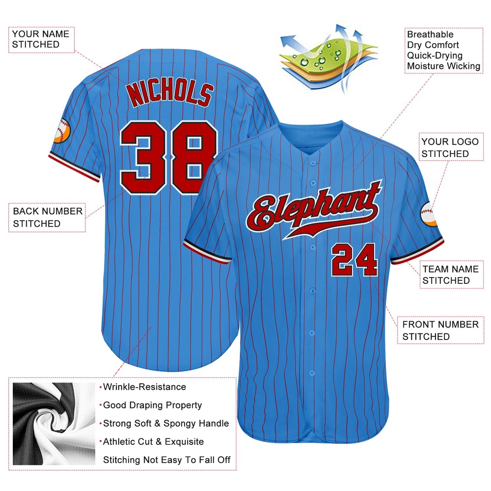 Powder Blue Red Pinstripe Red-Black Authentic Baseball Jersey, Custom Baseball Jersey, Personalized Sport Jersey