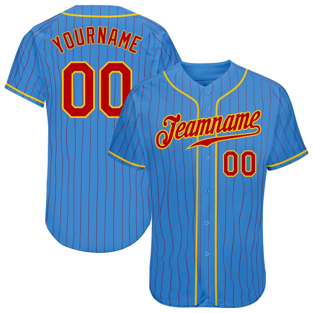 Powder Blue Red Pinstripe Red-Gold Authentic Baseball Jersey, Custom Baseball Jersey, Personalized Sport Jersey