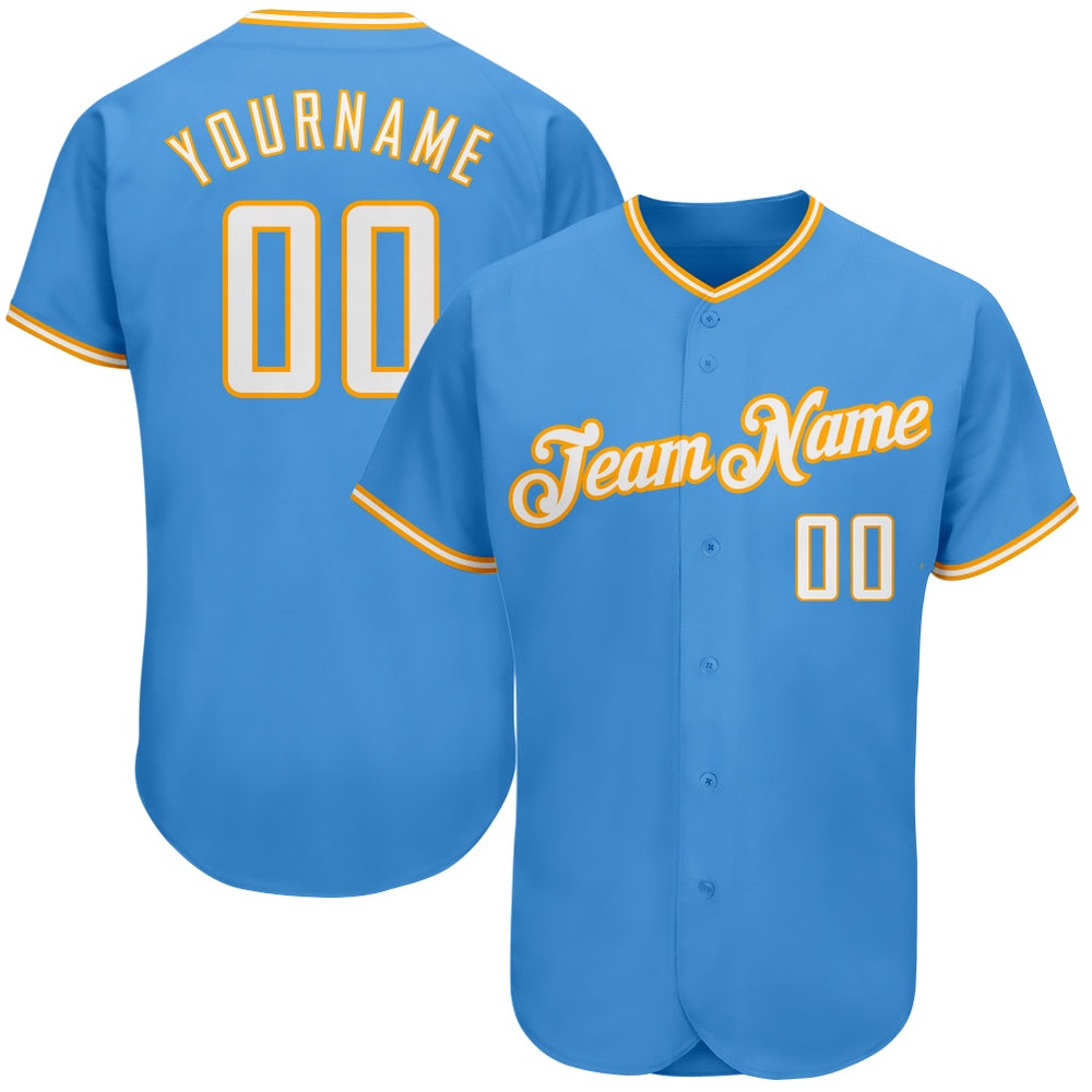 Powder Blue White-Gold Authentic Baseball Jersey, Custom Baseball Jersey, Personalized Sport Jersey