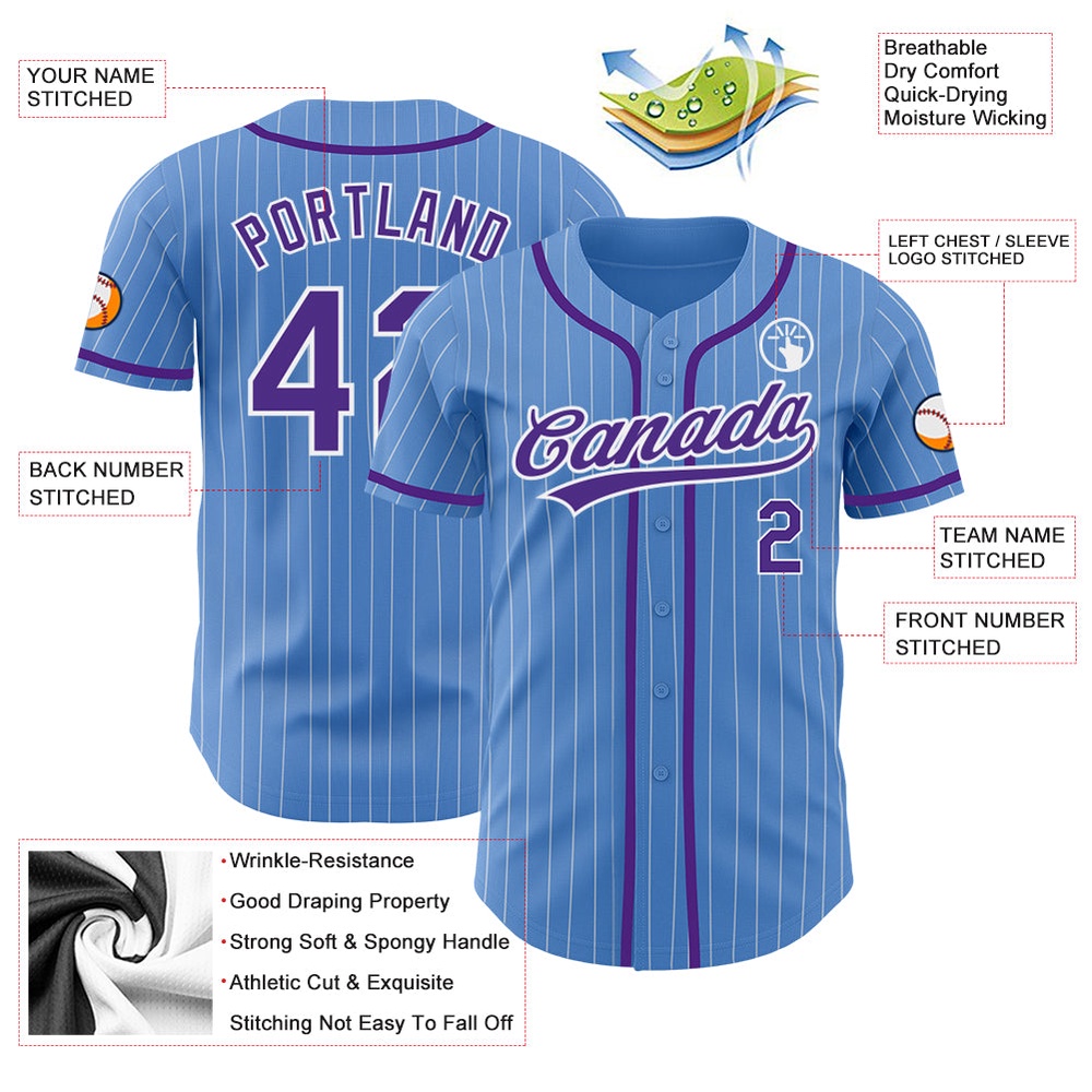 Powder Blue White Pinstripe Purple Authentic Baseball Jersey, Custom Baseball Jersey, Personalized Sport Jersey