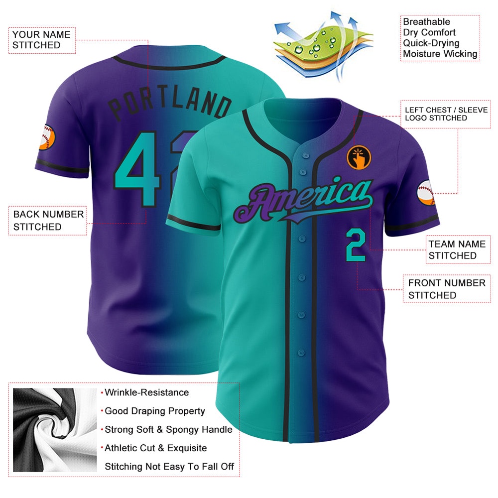 Purple Aqua-Black Authentic Gradient Fashion Baseball Jersey, Custom Baseball Jersey, Personalized Sport Jersey
