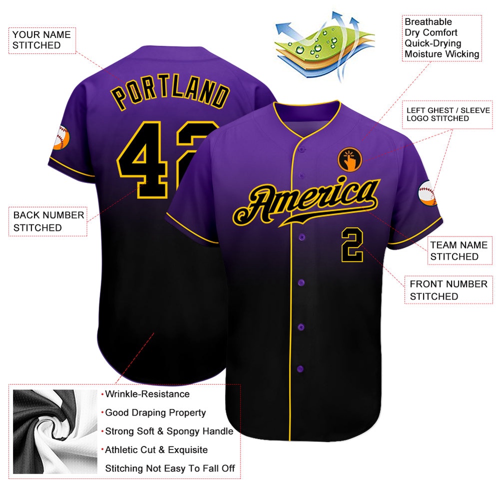 Purple Black-Gold Authentic Fade Fashion Baseball Jersey, Custom Baseball Jersey, Personalized Sport Jersey