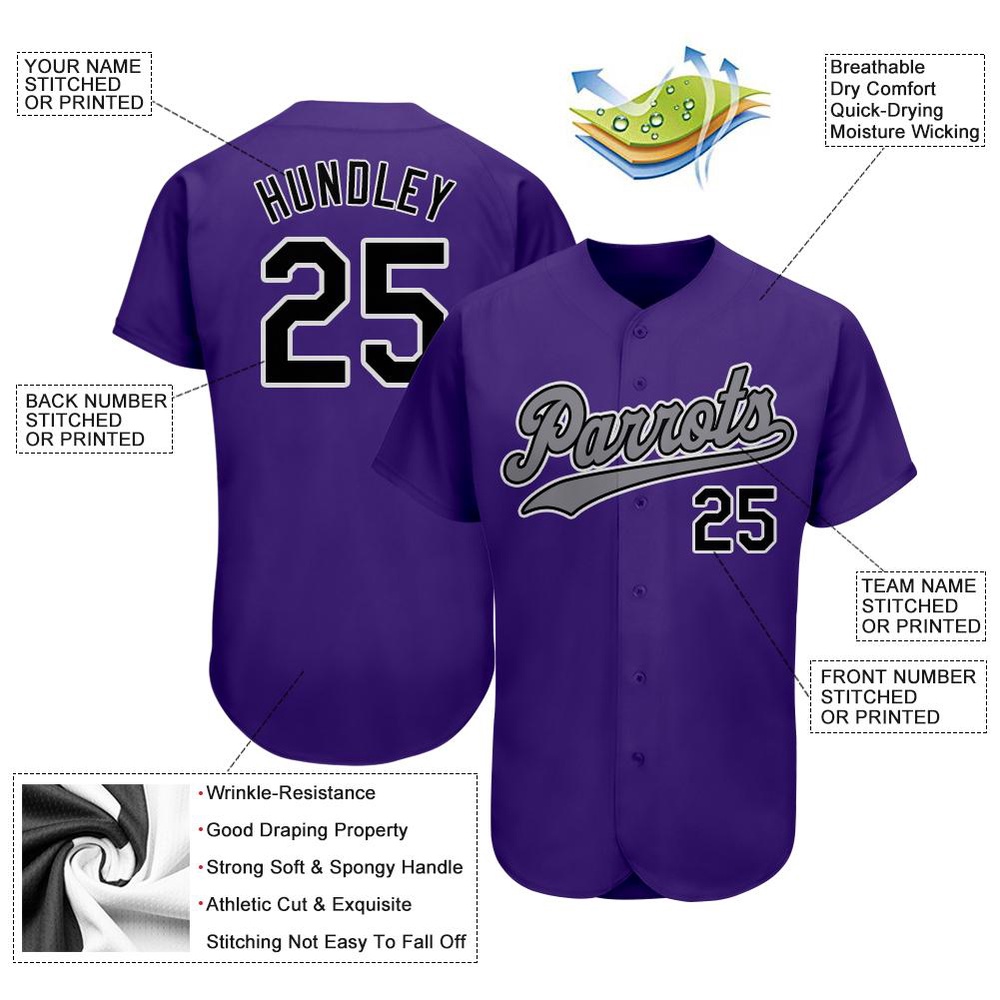 Purple Black-Gray Authentic Baseball Jersey, Custom Baseball Jersey, Personalized Sport Jersey