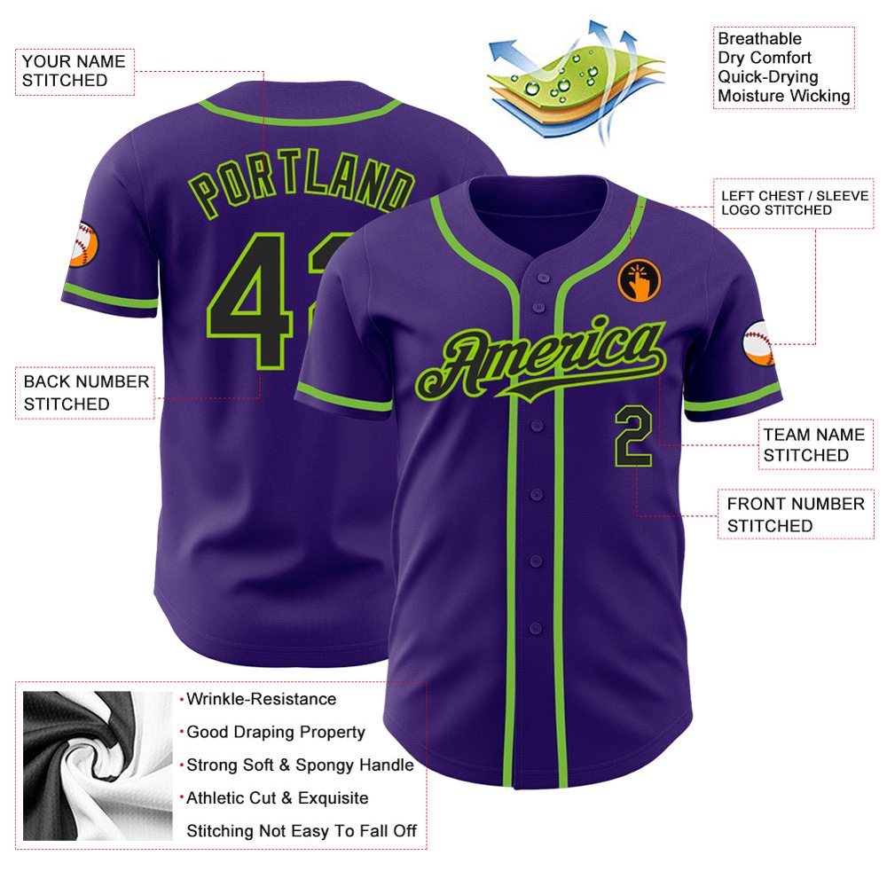 Purple Black-Neon Green Authentic Baseball Jersey, Custom Baseball Jersey, Personalized Sport Jersey