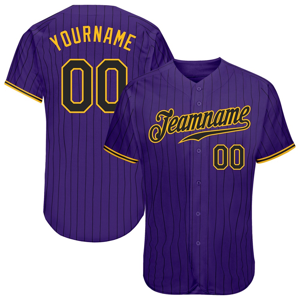 Purple Black Pinstripe Black-Gold Authentic Baseball Jersey, Custom Baseball Jersey, Personalized Sport Jersey