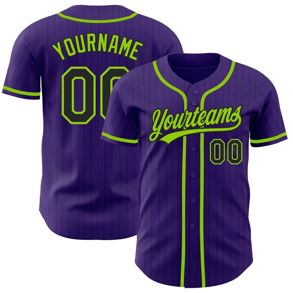 Purple Black Pinstripe Neon Green Authentic Baseball Jersey, Custom Baseball Jersey, Personalized Sport Jersey