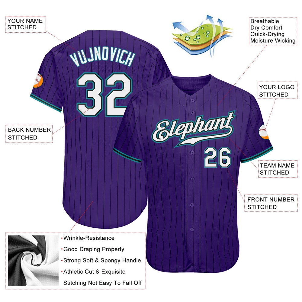 Purple Black Pinstripe White-Teal Authentic Baseball Jersey, Custom Baseball Jersey, Personalized Sport Jersey