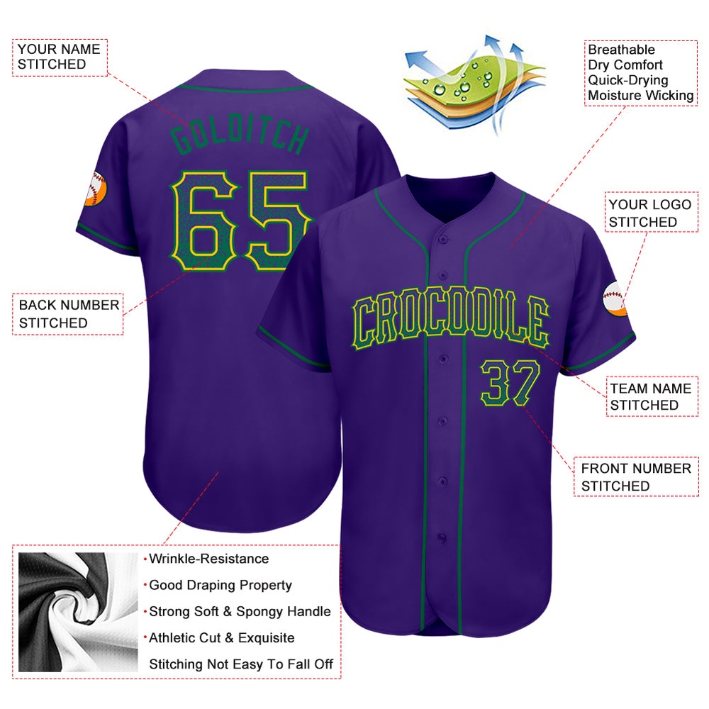 Purple Kelly Green-Gold Authentic Drift Fashion Baseball Jersey, Custom Baseball Jersey, Personalized Sport Jersey