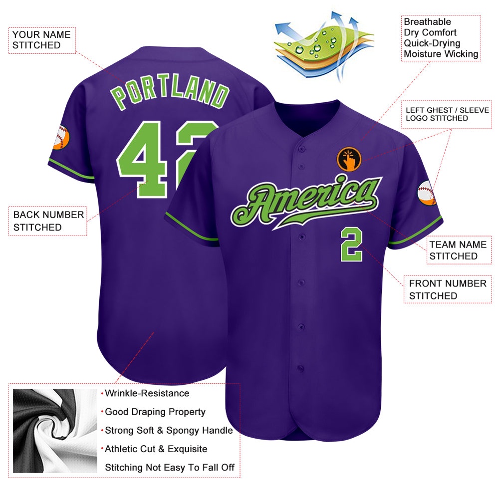 Purple Neon Green-White Authentic Baseball Jersey, Custom Baseball Jersey, Personalized Sport Jersey