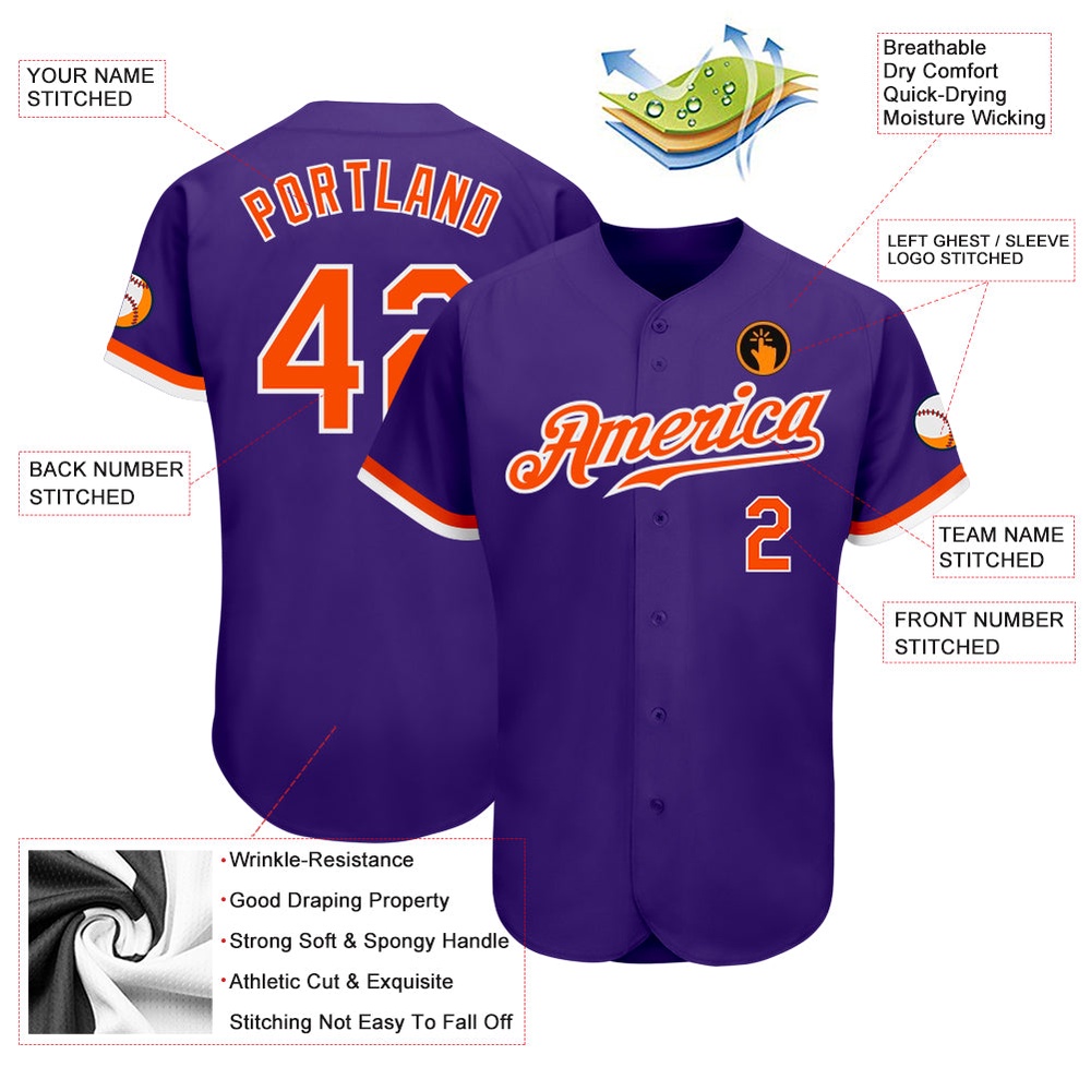 Purple Orange-White Authentic Baseball Jersey, Custom Baseball Jersey, Personalized Sport Jersey