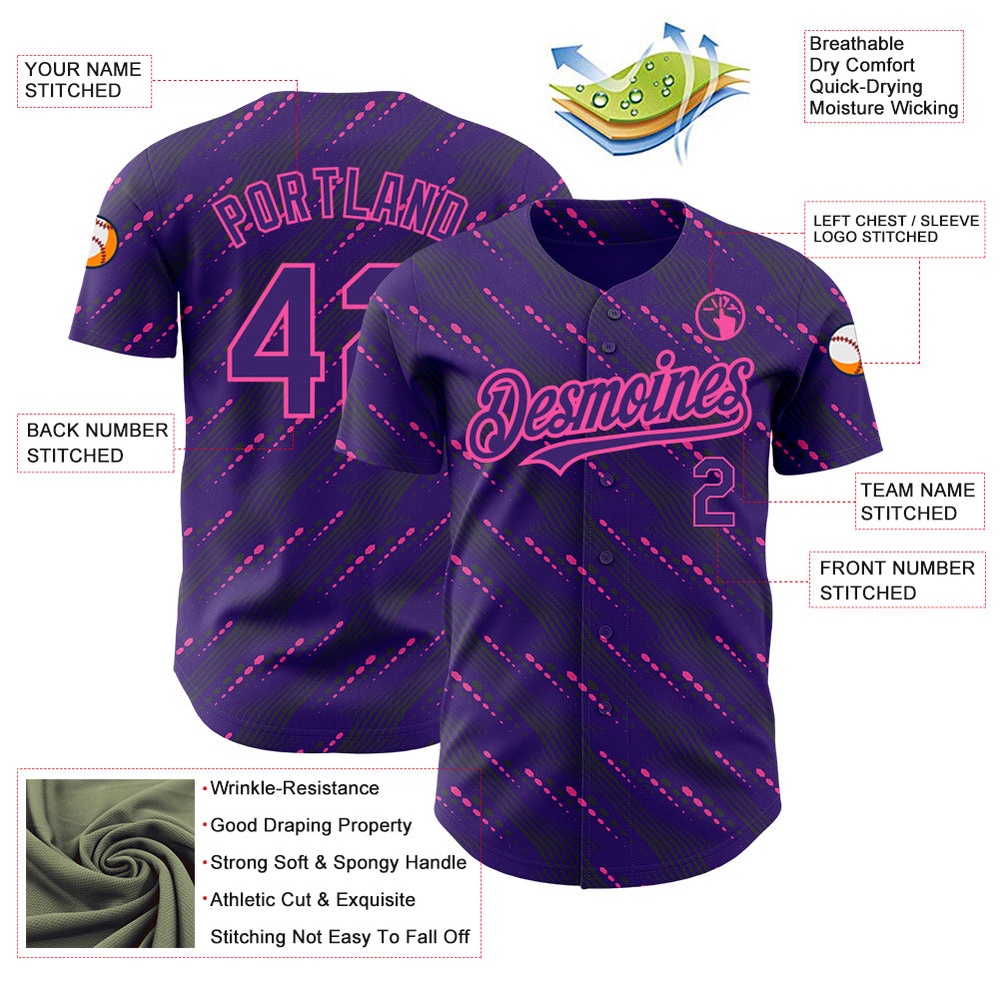 Purple Pink 3D Pattern Design Slant Lines Authentic Baseball Jersey, Custom Baseball Jersey, Personalized Sport Jersey