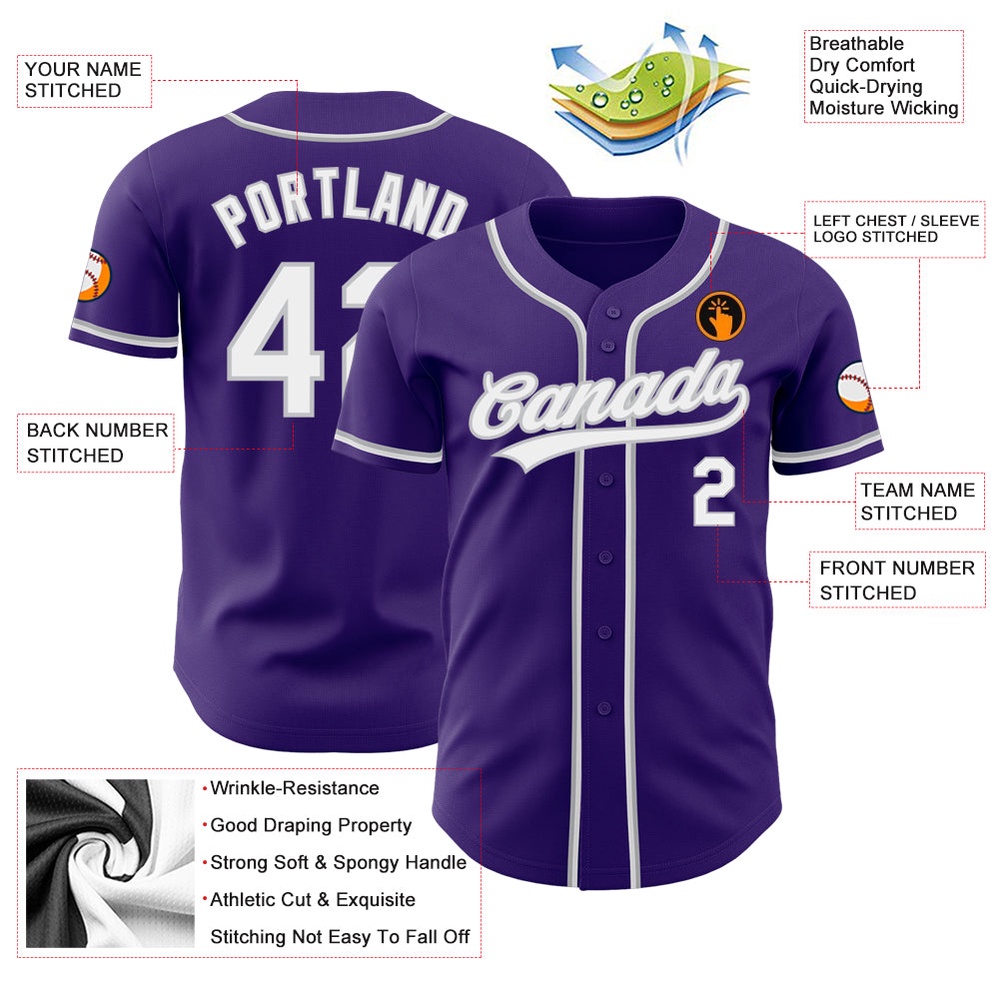 Purple White-Gray Authentic Baseball Jersey, Custom Baseball Jersey, Personalized Sport Jersey