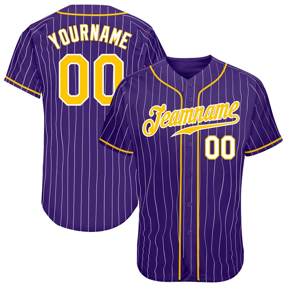 Purple White Pinstripe Gold-White Authentic Baseball Jersey, Custom Baseball Jersey, Personalized Sport Jersey