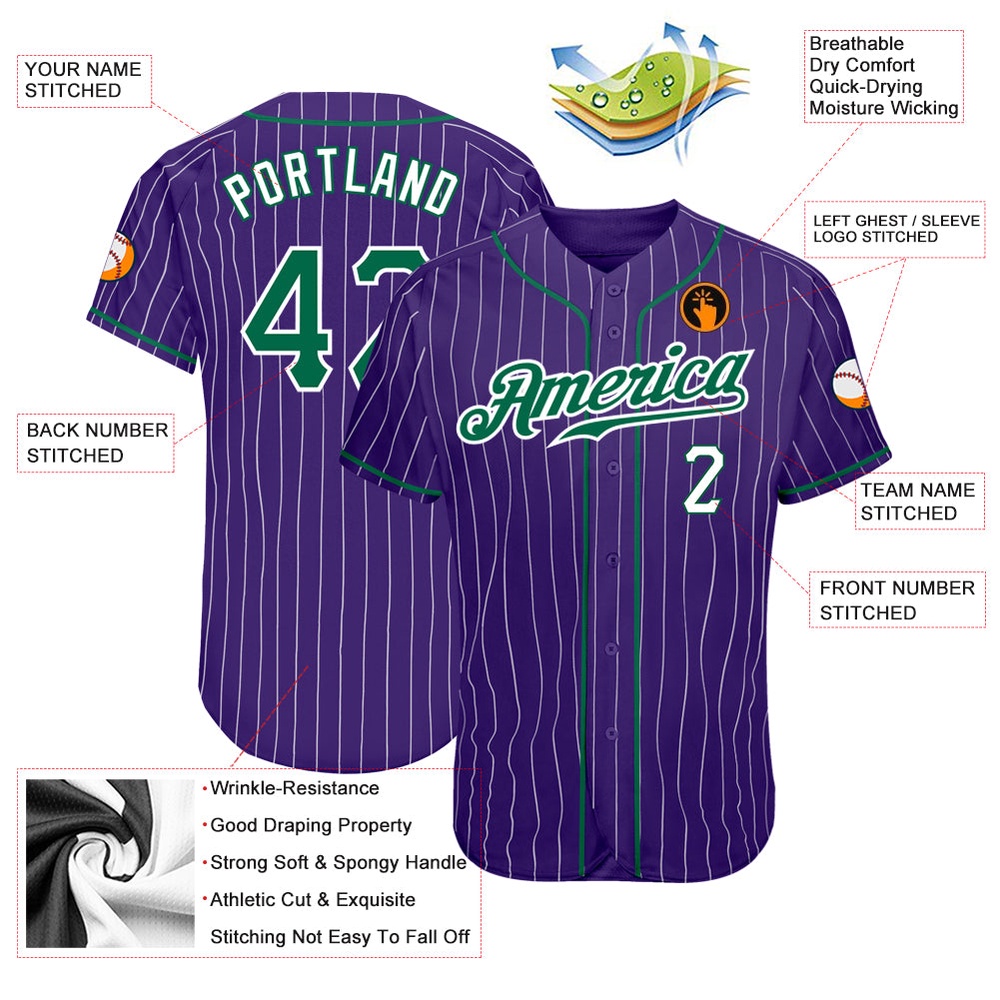 Purple White Pinstripe Kelly Green-White Authentic Baseball Jersey, Custom Baseball Jersey, Personalized Sport Jersey